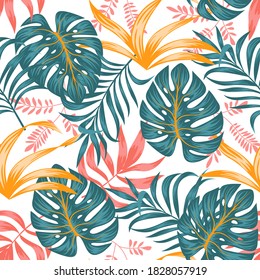 Colorful summer seamless pattern. Creative abstract pattern with tropical plants. Hand draw texture. Vector template. Jungle leaves. Botanical pattern. Exotic wallpaper, Hawaiian style.