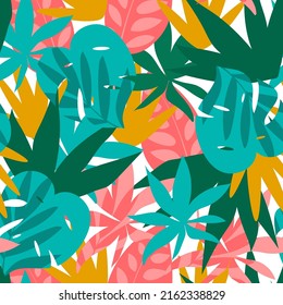 Colorful summer seamless pattern. Creative abstract pattern with tropical plants. Hand draw texture. Vector template. Jungle leaves. Botanical pattern. Exotic wallpaper, Hawaiian style.
