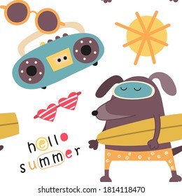 Colorful summer seamless pattern with cute surf dog and holidays theme. Vector. Kids illustration for nursery. Perfect for baby clothes, greeting card, wrapping. Pattern is cut, no clipping mask.