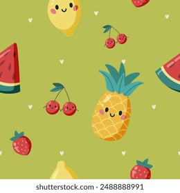 Colorful Summer Seamless Pattern with cute hand drawn strawberries