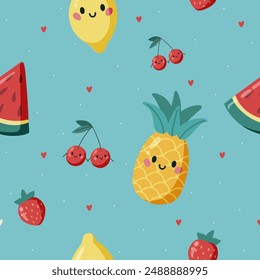 Colorful Summer Seamless Pattern with cute hand drawn strawberries