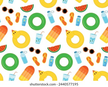 Colorful Summer seamless pattern with elements for relaxing by the water.Vector illustration of watermelon, flip flops, swimming ring, ice cream and beach elements, for wrapping paper, wallpaper