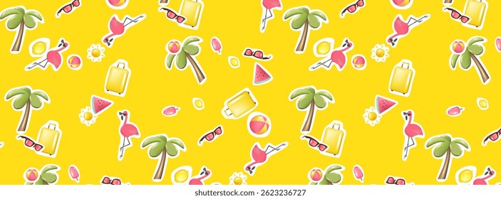 Colorful summer seamless pattern featuring palm trees, flamingos, sunglasses, beach balls, and fruits on a bright yellow background. Perfect for packaging, wrapping paper, fabric, seasonal designs.