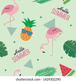 Colorful summer seamless pattern with flamingos, pineapple and watermelon. Design for fabric, textile, decor.