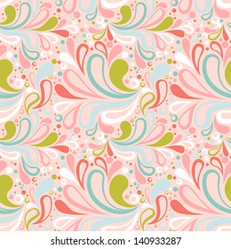 Colorful summer seamless pattern with floral curved elements and dots