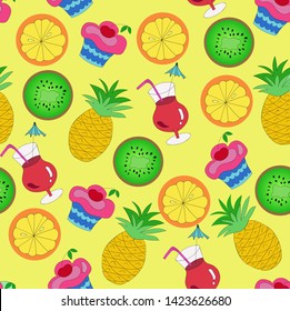 Colorful summer seamless pattern with  fruits, cocktails ,cakes. Vector illustration.