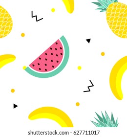 Colorful summer seamless pattern with fruits, banana, watermelon and geometric elements in memphis style background, vector
