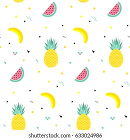 Colorful summer seamless pattern with fruits, banana, watermelon and geometric elements in memphis style background, vector