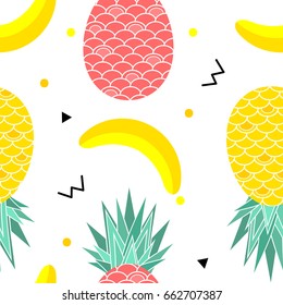 Colorful summer seamless pattern with fruits, banana, pineapple and geometric elements in memphis style background, vector