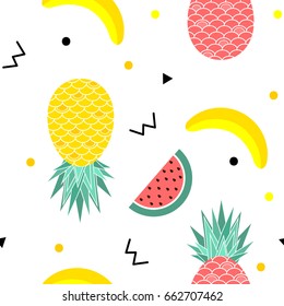 Colorful summer seamless pattern with fruits, banana, pineapple, watermelon and geometric elements in memphis style background, vector