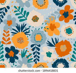 Colorful summer seamless pattern with hand drawn floral elements : flowers, leafs, and different plants. Blossoming beautiful background, vector