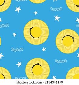 Colorful summer seamless pattern with hand drawn elements,beach hat,star fish and waves on blue background,Vector Fashion trendy endless design women sun hats for Summer holiday concept