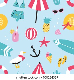 Colorful summer seamless pattern with hand drawn elements: pineapple, ice cream, seagull, surfboard, ball, swimwear, hat, beach umbrella, sunglasses, lifebuoy, starfish, drink, flip flops, anchor. 