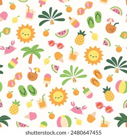 Colorful summer seamless pattern with happy sun, ice creams, flip flops, cute crabs, pineapples, palm trees, and more. Fun, cute design perfect for summer prints, textiles, children's projects, etc.