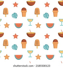 Colorful summer seamless pattern with ice cream, coconut drink, coctail, monstera leaf, watermelon 
 and starfish.
