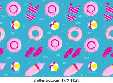 Colorful summer seamless pattern with inflatable ring, hat, ball, swimsuit, surfboard and beach sneakers on blue background with waves. Vector illustration. EPS10.