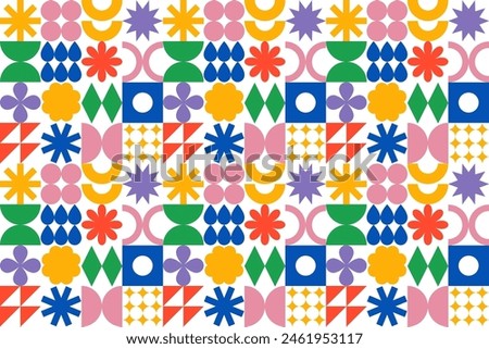 Colorful Summer Seamless Pattern with Irregular Funny Geometric Shapes. Abstract Vector Trendy Graphic in Cute Retro Style. Design with Simple Modern Patch Elements 