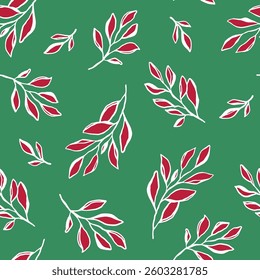 Colorful summer seamless pattern with leaves. Simple cartoon flat style. Vector illustration. red leaf with chritsmas green background.