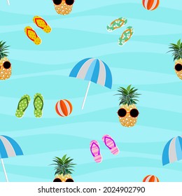 Colorful summer seamless pattern with pineapple,umbrella,slippers and ball on wavy background,vector illustration