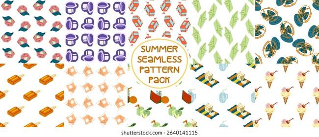 Colorful Summer Seamless Pattern Set. Collection of 10 seamless cartoon patterns with summer items: hats, popsicles, juice boxes, tents, fans, leaf boats, ice cream, and beach objects. Flat style, bri