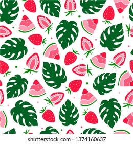Farbiges Sommernahtloses Muster mit Erdbeeren, Wassermelonen und Mostera-Blättern. Perfekt für Textil- und Stoffabdrücke, Wickelpapier, Tapete, festliche Hintergründe, Produktverpackungen usw. EPS10