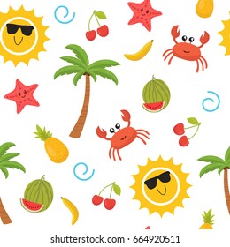 Colorful summer seamless pattern with sun, crab, starfish, palm, pineapple, banana and watermelon. Cute background. Vector illustration