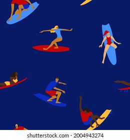 Colorful summer seamless pattern with surfers. Surfing men and women background or wallpaper.