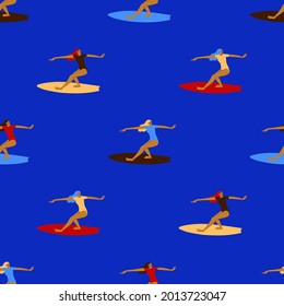Colorful summer seamless pattern with surfers. Surfing women fabric design, background or wallpaper.