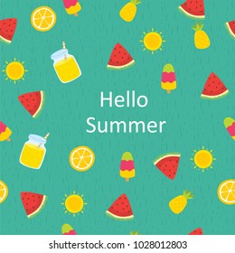 Colorful summer seamless pattern with tropical fruits, ice cream, tropical drink and sun
