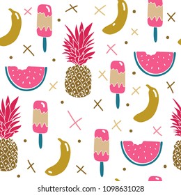 Colorful summer seamless pattern with tropical fruits and ice cream 