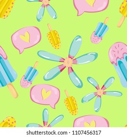 Colorful summer seamless pattern with tropical fruits and ice lolly