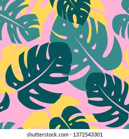 Colorful summer seamless pattern with tropical leaves. vector illustration