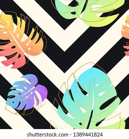 Colorful summer seamless pattern with tropical leaves and geometric elements. vector illustration