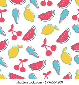 Patrón ininterrumpido de verano colorido con frutas tropicales y objeto de verano, icono de verano, Diseño de la impresión de moda, ilustración vectorial