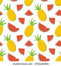 Colorful summer seamless pattern with tropical fruits and ice cream. Vector illustration