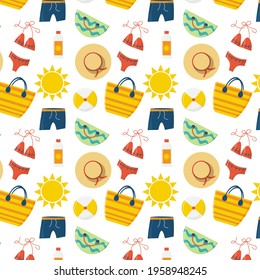Colorful summer seamless pattern with tropical fruits and ice cream. Vector illustration
