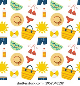 Colorful summer seamless pattern with tropical fruits and ice cream. Vector illustration
