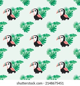 Colorful summer seamless pattern with tropical fruits, ice cream, Toucan, Flamingo, and summer icons Memphis style. Summer seamless vector illustration.