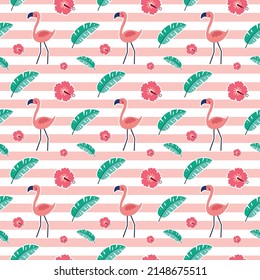 Colorful summer seamless pattern with tropical fruits, ice cream, Toucan, Flamingo, and summer icons Memphis style. Summer seamless vector illustration.