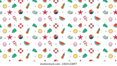 Colorful summer seamless pattern with tropical fruits, ice cream, floats, lifebuoy, and beach ball.
