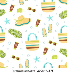 colorful summer seamless pattern with tropical leaves, beach bag, flip-flops, hat, sunglasses and sunscreen, summertime background for fabric, textile, branding