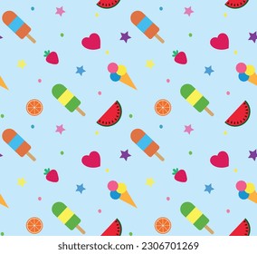 Colorful summer seamless pattern with tropical fruits and ice cream on blue background
