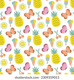 farbenfrohe Sommernahtlose Muster mit tropischen Früchten, Eis und Schmetterlingen, bedruckbares, endloses Design mit exotisch gesundem Vitaminfutter, farbige flache Vektorgrafik