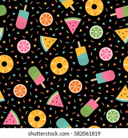 Colorful summer seamless pattern with tropical fruits and ice cream memphis style