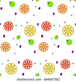 Colorful summer seamless pattern with tropical fruits and leafs memphis style