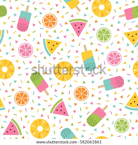Colorful summer seamless pattern with tropical fruits and ice cream memphis style