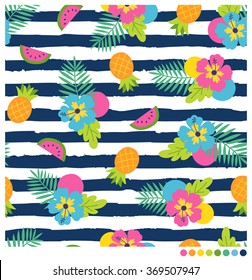 Colorful  Summer seamless vector pattern with hibiscus and fruits on navy blue and white stripes background.