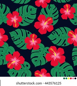 Colorful Summer seamless vector pattern with hibiscus flowers