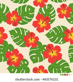 Colorful Summer seamless vector pattern with hibiscus flowers