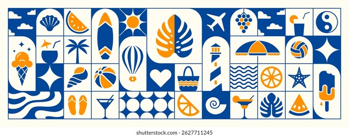 Colorful summer season pattern design for cover, card, web banner, poster, brochure. Vector illustration in minimalistic style.